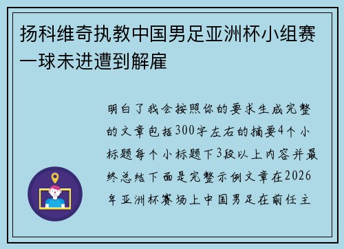 扬科维奇执教中国男足亚洲杯小组赛一球未进遭到解雇