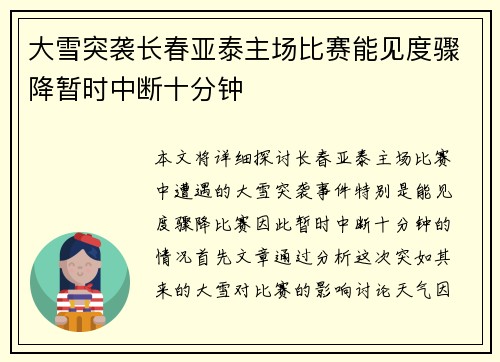 大雪突袭长春亚泰主场比赛能见度骤降暂时中断十分钟 大雪突袭长春亚泰主场比赛能见度骤降暂时中断十分钟